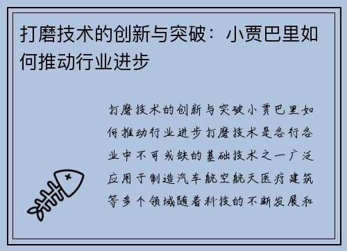 打磨技术的创新与突破：小贾巴里如何推动行业进步