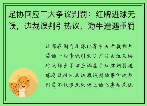 足协回应三大争议判罚：红牌进球无误，边裁误判引热议，海牛遭遇重罚原因揭秘