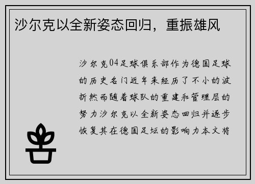 沙尔克以全新姿态回归，重振雄风