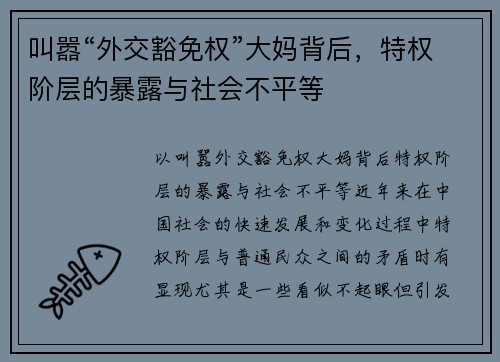 叫嚣“外交豁免权”大妈背后，特权阶层的暴露与社会不平等